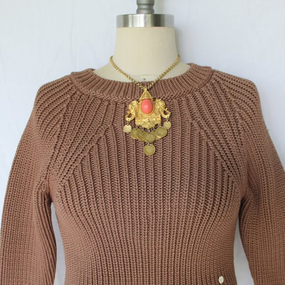 ELISABETTA FRANCHI Maglia cropped brown dress sweater tunic top woven 42 us 6 - Picture 3 of 9